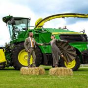 Great Yorkshire Show Sheep to Chic catwalk models Luke Johnson and Lizzie McLaughlin with the John Deere 9700 Forage Harvester