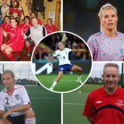 Rachel Daly in her York College days and playing for England with, bottom right, Gordon Staniforth