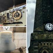 Main image: the clock tower at St Lawrence. Top right: Father Adam Romanis inspects the clock mechanism. Bottom right: the hour bell