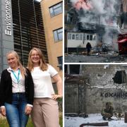 Main image, left to right: Nadiia Herashchenko, Kateryna Borysenko and Anastasiia Klieshch at the environment building at the University of York. Right, top and bottom: scenes from the devastated city of Bakhmut in Ukraine