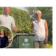 A green bin with, left, councillor Andrew Hollyer and Paula Widdowson, with, bottom left, Cllr Jenny Kent