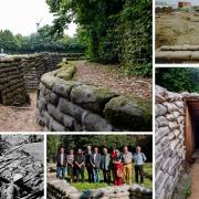 The Yorkshire Trench in Flanders. Clockwise from top left: the restored trench; the trench being excavated; the dug out; assembled dingnitaries at the opening of the trench; British soldiers in a trench in the First World War