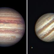 Jupiter as photographed by the Hubble space telescope (left) and by York amateur astronomer Phil Shepherdson (right)