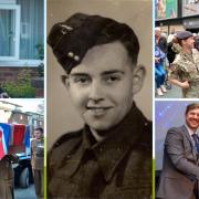 Centre: Sid Metcalfe as a young man in uniform.  Left, Sid in laters years (top0 and his funeral at St Lawrence's Church last year. Right, top, Ken receiving his Community pride Person of the Year award and, bottom, meeting a member of the armed forces