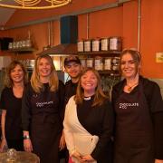 The Rev Kate Bottley with team members of York cafe Chocolate & Co during the filming of an episode of Songs of Praise which airs on Sunday