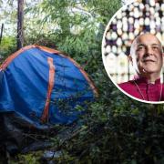 A homeless person's tent and, inset, Archbishop of York Stephen Cottrell