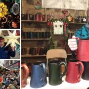 Main image: Sarah Roberts with some of her festive leather drinking tankards. Left, top to bottom: York's Christmas market today