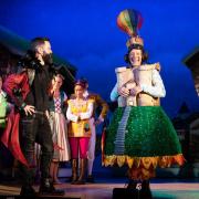 L to R: Matthew Curnier, James Mackenzie, Emily Taylor, Mia Overfield and Dame Robin Simpson (in distinctive Clifford's Tower costume) in Jack and the Beanstalk at York Theatre Royal
