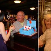 Bill Embleton serves a drink to his niece Natalie on her 18th birthday (left) and with his wife Sue (right)