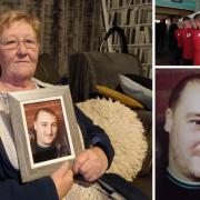 Main image: Elaine Eveleigh with a photo of her son Andy. Top right: Andy's funeral. Bottom right: family photo of Andy