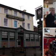 The Edinburgh Arms and, top right, regulars Malcolm McCafferty and  Tracey Godfrey . Bottom right; Phil Calvert warms up on the drums