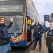 Kate Ravilious (left) with Tom Donnelly and driver Charlie Edwards at one of the six Park and Ride stations on the York network