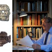 York archaeologist Peter Addyman and, left, the two tablets at the Yorkshire Museum inscribed by Demetrius