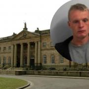 Burglar Cameron David Hunter, inset, with York Crown Court.  (Image: North Yorkshire Police)