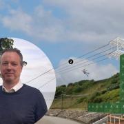 An artist's impression of the zip wire with, inset, James Field. Main picture: ZipnZap