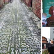 Main image: scoria bricks in a York back alley. Top right: Susan Major. Bottom right, Clifton ward councillors Margaret Wells and Danny Myers at  Clifton Community Hall