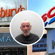 Serial shoplifter Gary Maddison (inset) and some of the shop and high street chains which have banned him from at least one of their branches