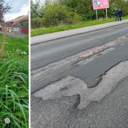 Grass verges in Flaxman Croft Copmanthorpe, left, and potholes in Tadcaster Road