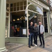 Amanda and Richard Monaghan with Andrew Lowson outside House of Trembling Madness in Lendal, York
