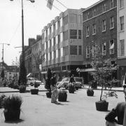 Parliament Street in 1975 - with potted plants, trees and branches