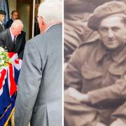 John Graham's coffin draped in the Union Flag and John during his military service