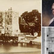 Main image: Lendal Tower in the 1860s. Right: John Smeaton, top, and one of Smeaton's drawings for the improved pump in Lendal Tower