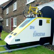 Graham Cookman, with his Tour de France Eurostar themed display, outside his home in Stillington.