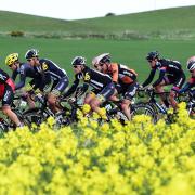 Riders in the Tour de Yorkshire peloton push through Ryedale