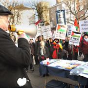 Terry Galogly, secretary of the York Palestine Solidarity Campaign, addresses protesters in St Sampson’s Square
