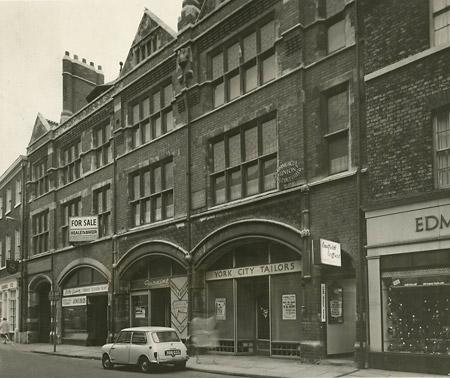Davygate 1966 at the proposed site top house the entrance to Davygate Arcade. One shop sign reads - Bitty Graham Yorkshire Television Relay