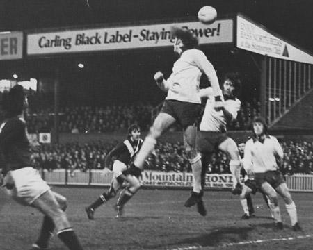 10/01/75 - York City 1, Southampton 1: Three against one as 'Saints' defenders Paul Bennett, Mel Blyth and Jim Steele line up to deal with a cross as City right back Cliff Calvert is outnumbered.
