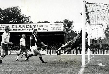 28/09/74 - York City 3, Portsmouth 0: A flying dive by Portmouth 'keeper Best fails to stop this effort from Jimmy Seal registering City's first goal, as City Skipper Barry Swallow looks on.