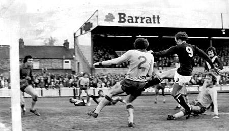30/11/74 - York City 1, Norwich City 0: City's Jimmy Seal lashes the ball into the net for the goal that beat Norwich.
