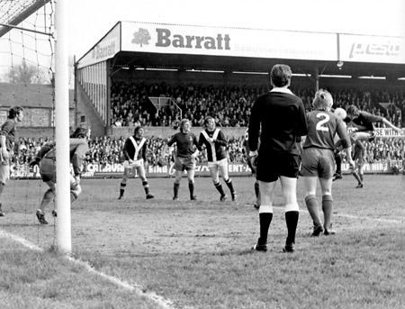 26/04/75 - York City 0, Oldham Athletic 0: Barry Swallow heads in a powerful effort from a left wing corner.