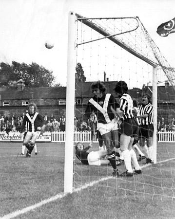 31/08/74 - York City 2, Notts County 2: Chris Jones runs into the net trying to get the rebound off a header by Barry Swallow (on the ground) with Jimmy Seal running in, but a free kick was given on this incident from the Notts County game.