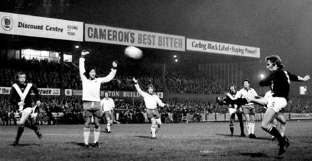 01/11/74 - York City 0, Orient 1: Orient defenders appeal for offside, but this one would have counted. Barry Swallow shoots over the bar from 12 yards - the miss of the match.