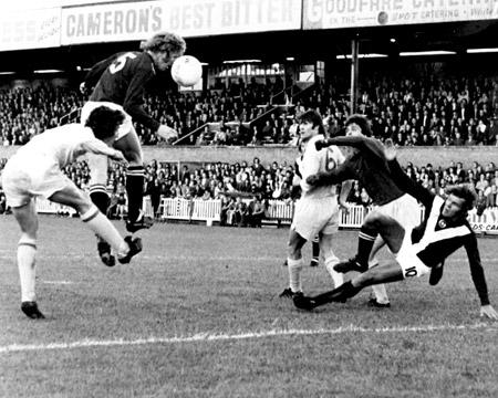 27/08/74 - York City 1, Cardiff City 0: Barry Swallow outjumps everyone in the air to guide the ball towards goal during the game against Cardiff, but he was inches wide.