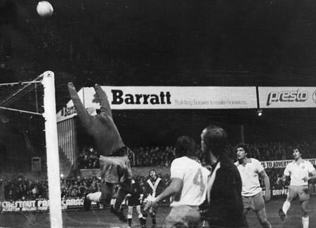 01/04/75 - York City 0, Blackpool 0: An anxious moment for Blackpool as 'keeper Burridge pushes the ball over for a corner. York City were unable to breach the Blackpool defence, despite a prolonged second half bombardment.
