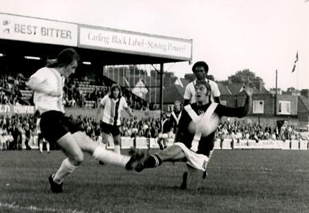 26/08/75 - York City 3, Bradford 0 (League Cup replay): City's second goal... Downsborough going the wrong way after a fierce shot from Jones had struck Seal to be deflected into the left corner.