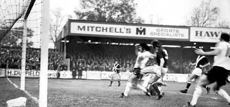 1/11/75 - York City 1, Sunderland 4: An open goal for Sunderland's Hughes as he beats Crawford and Downing to score his side's first goal.