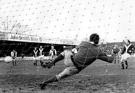 26/12/75 - York City 2, Bristol Rovers 1: Roger Jones, the Blackburn Rovers goalkeeper dives the wrong way as Ian Holmes puts City ahead from the penalty spot at Bootham Crescent.