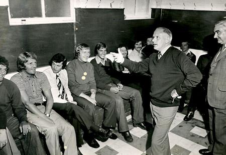 July 1975: Manager Wilf McGuinness talks to his players at a pre-season meeting in the dressing room at Bootham Crescent. From left: Cave, Swallow, McMordie, Seal, Calvert, Pollard, Woodward, Stone, Lyons and vice-chairman Gordon Winters.
