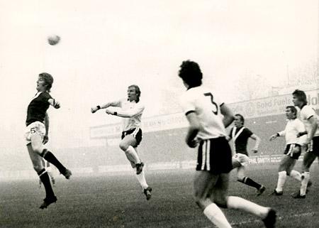 15/11/75 - York City 1, Fulham 0: Barry Swallow out-jumps Bobby Moore to head on for goal.