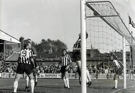 13/09/75 - York City 1, Notts County 2: Five Notts County defenders look on anxiously as Mickey Cave's shot cannons onto the bars after being deflected by Brian Stubbs.