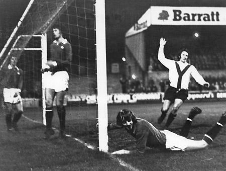 04/02/76 - York City v Manchester United (friendly): Goalkeeper Roche lies on the ground after a deflection had beaten him to give City their first goal.