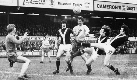 14/02/76 - York City 1, Carlisle United 2: A missed chance for City as John Woodward, Ian Holmes and Eric McMordie, faced only by a goalkeeper Allan Ross and ith only Carlisle defender Peter Carr within challenging distance, fail to find the net.