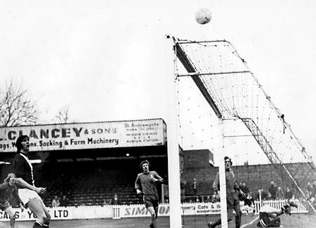 13/03/76 - York City 1, Oldham 0: One of the many near misses for York City. Ian McMordie turns a somersault (right) after dribbling round the goalkeeper and then seeing his chip from a narrow angle go over the bar with Jim Hitch waiting unmarked.