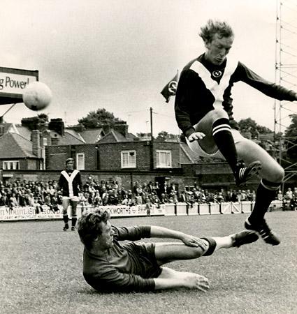 16/08/75 - York City 2, Portsmouth 1: Jimmy Seal is thwarted by Portsmouth goalkeeper Graham Lloyd.