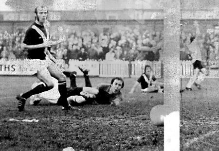 01/11/75 - York City 1, Sunderland 4: Derrick Downing, Graeme Crawford and John Woodward all look on in despair as this centre from Billy Hughes (right) is turned into the net by City defender Gordon Hunter for Sunderland's second goal.