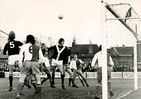 26/12/75 - York City 2, Blackburn Rovers 1: Goalkeeper Jones , hidden behind City forward Jim Hinch, punches the ball high in his goalmouth following a corner.